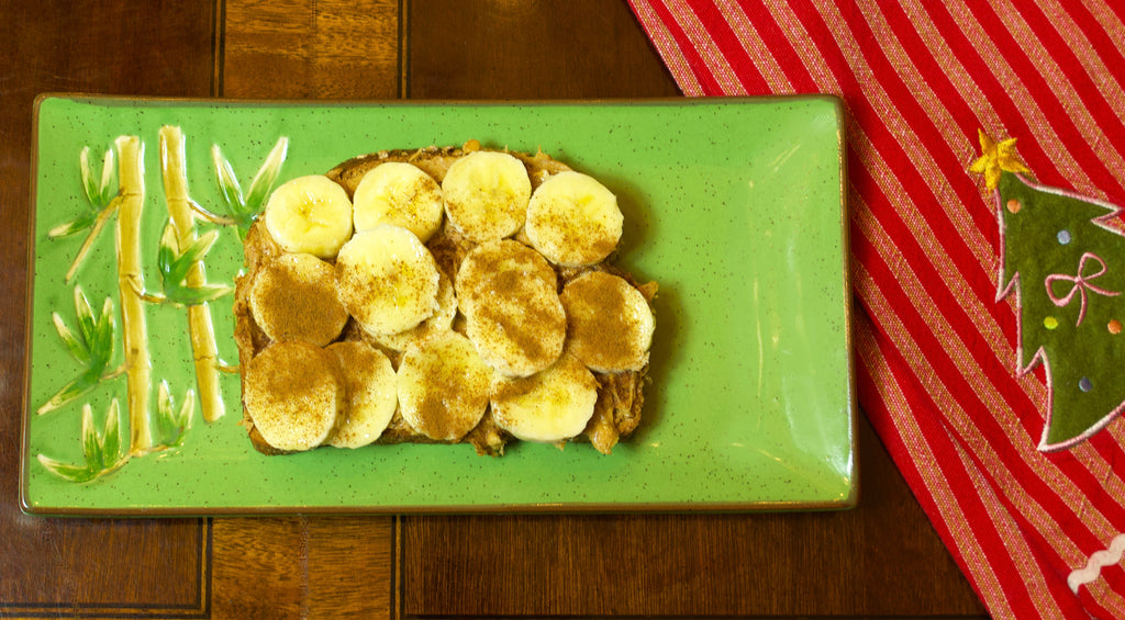 Whole wheat toast with peanut butter, Protein Essentials Collagen and bananas. 